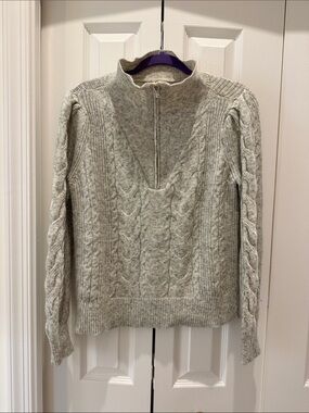 LOFT Light Gray Cable Knit Half-Zip Turtleneck Sweater